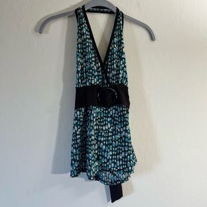 Y2K Blue & White Halter Tank Top V-Neck with Brown Belt